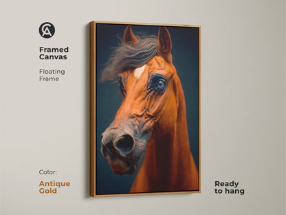 The framed canvas features realistic horse artwork in antique gold. This equine portrait adds elegance to any wall. The floating frame complements the horse art. This horse themed gift is ready to hang. The rich colors make it a focal point.