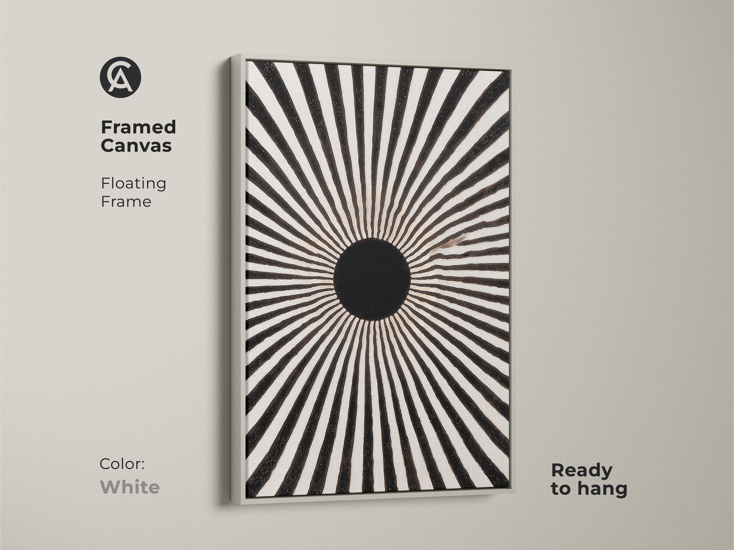 A framed canvas featuring a minimalist sunburst print. This floating frame enhances the black and white artwork. It is a mid-century modern geometric art piece. The white frame adds to the monochrome sunburst print. This ready-to-hang radial wall decor is perfect for any home. This abstract line art print fits a minimalist style.