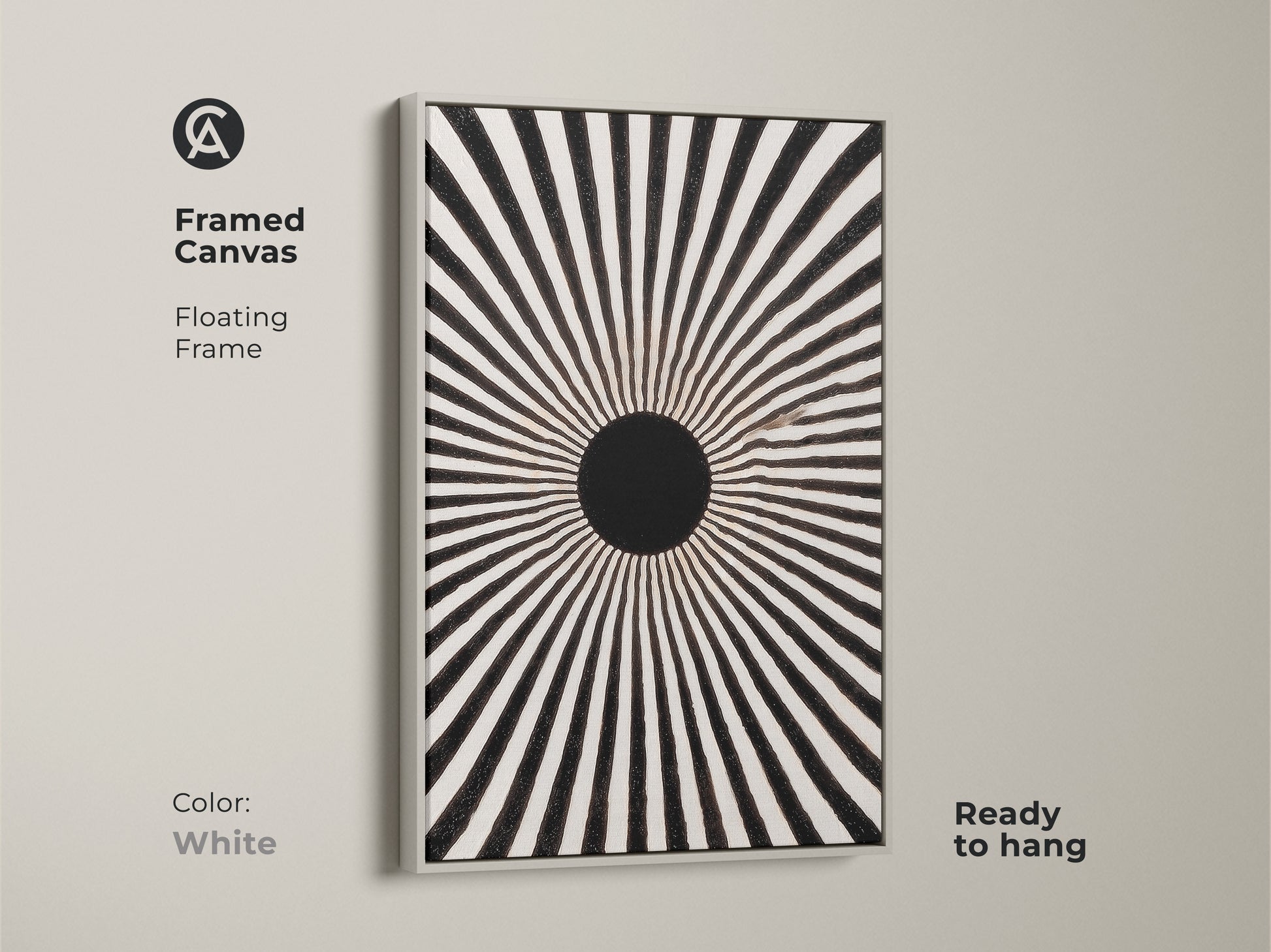 A framed canvas featuring a minimalist sunburst print. This floating frame enhances the black and white artwork. It is a mid-century modern geometric art piece. The white frame adds to the monochrome sunburst print. This ready-to-hang radial wall decor is perfect for any home. This abstract line art print fits a minimalist style.