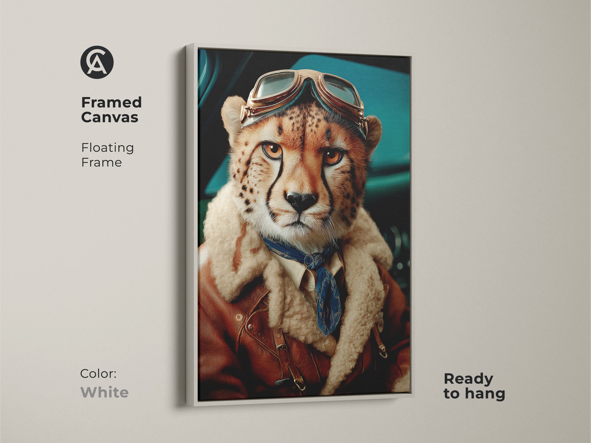 Framed canvas with a white floating frame showcasing a cheetah aviator artwork print. This anthropomorphic cheetah art is perfect for eclectic home decor. It also makes a unique gift. Ready to hang.