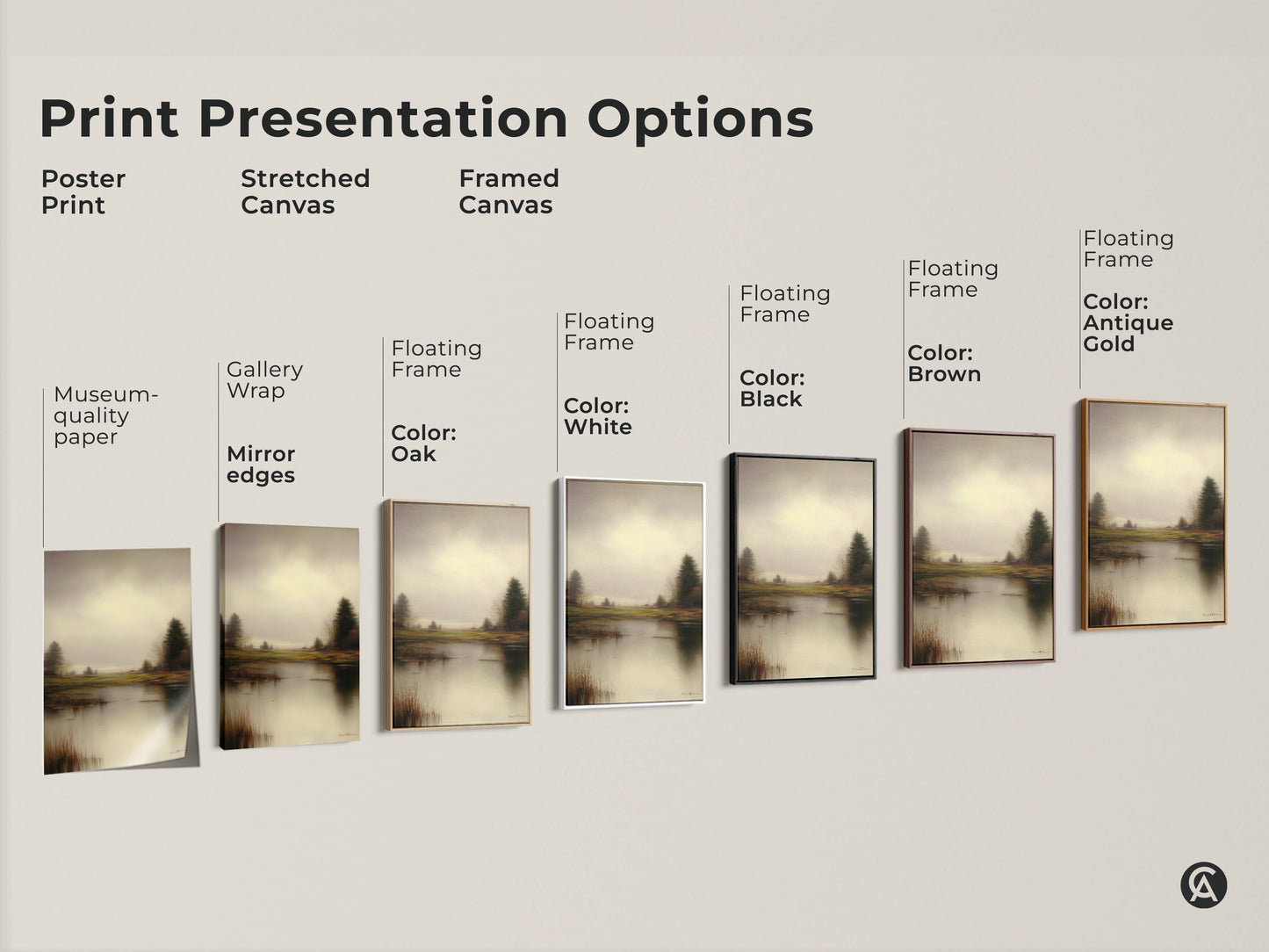 Explore print presentation options with this rustic landscape wall art. Choose from poster prints stretched canvas or framed canvas. Each brings the beauty of the lake & trees to your home.