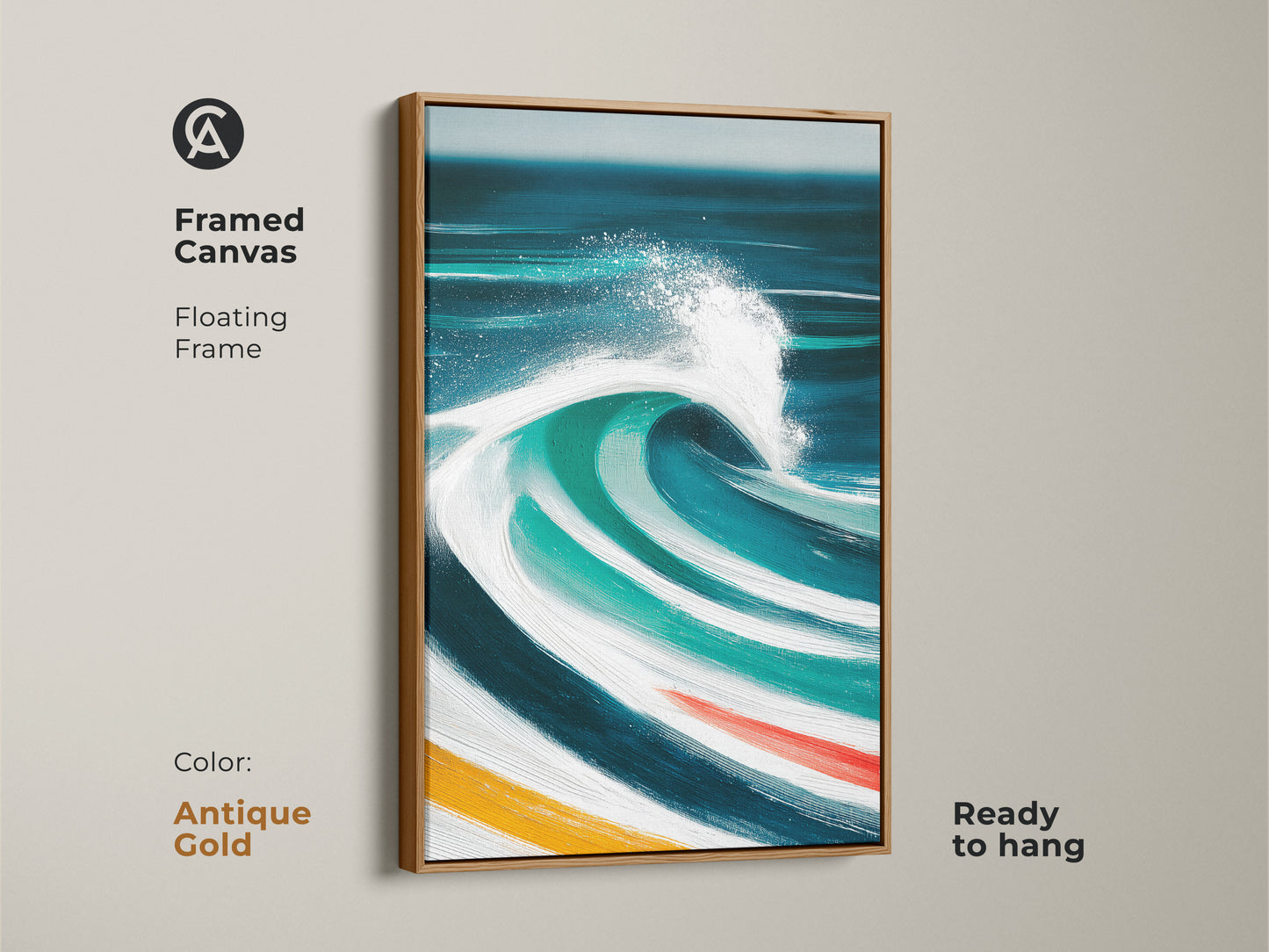 Framed canvas art with an antique gold floating frame displays an abstract ocean wave. The modern artwork incorporates deep blue teal and turquoise hues. This coastal print brings an elegant and sophisticated touch to any room perfect for living room or bedroom.