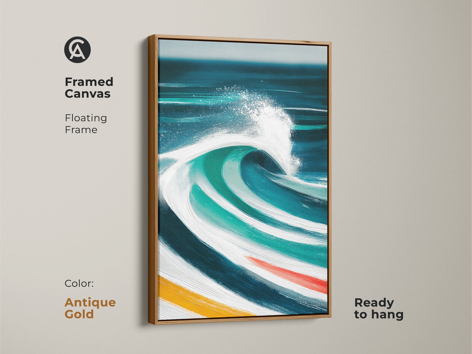 Framed canvas art with an antique gold floating frame displays an abstract ocean wave. The modern artwork incorporates deep blue teal and turquoise hues. This coastal print brings an elegant and sophisticated touch to any room perfect for living room or bedroom.