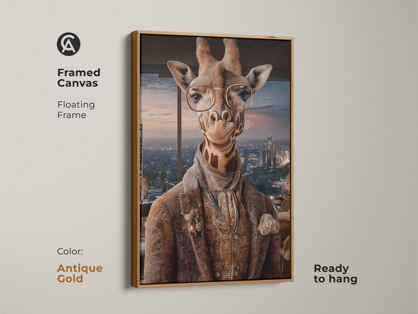 Framed canvas features an artistic giraffe painting in an antique gold floating frame. The cityscape background enhances this custom animal artwork. Its a ready to hang sophisticated safari art print.