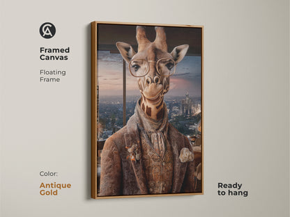 Framed canvas features an artistic giraffe painting in an antique gold floating frame. The cityscape background enhances this custom animal artwork. Its a ready to hang sophisticated safari art print.