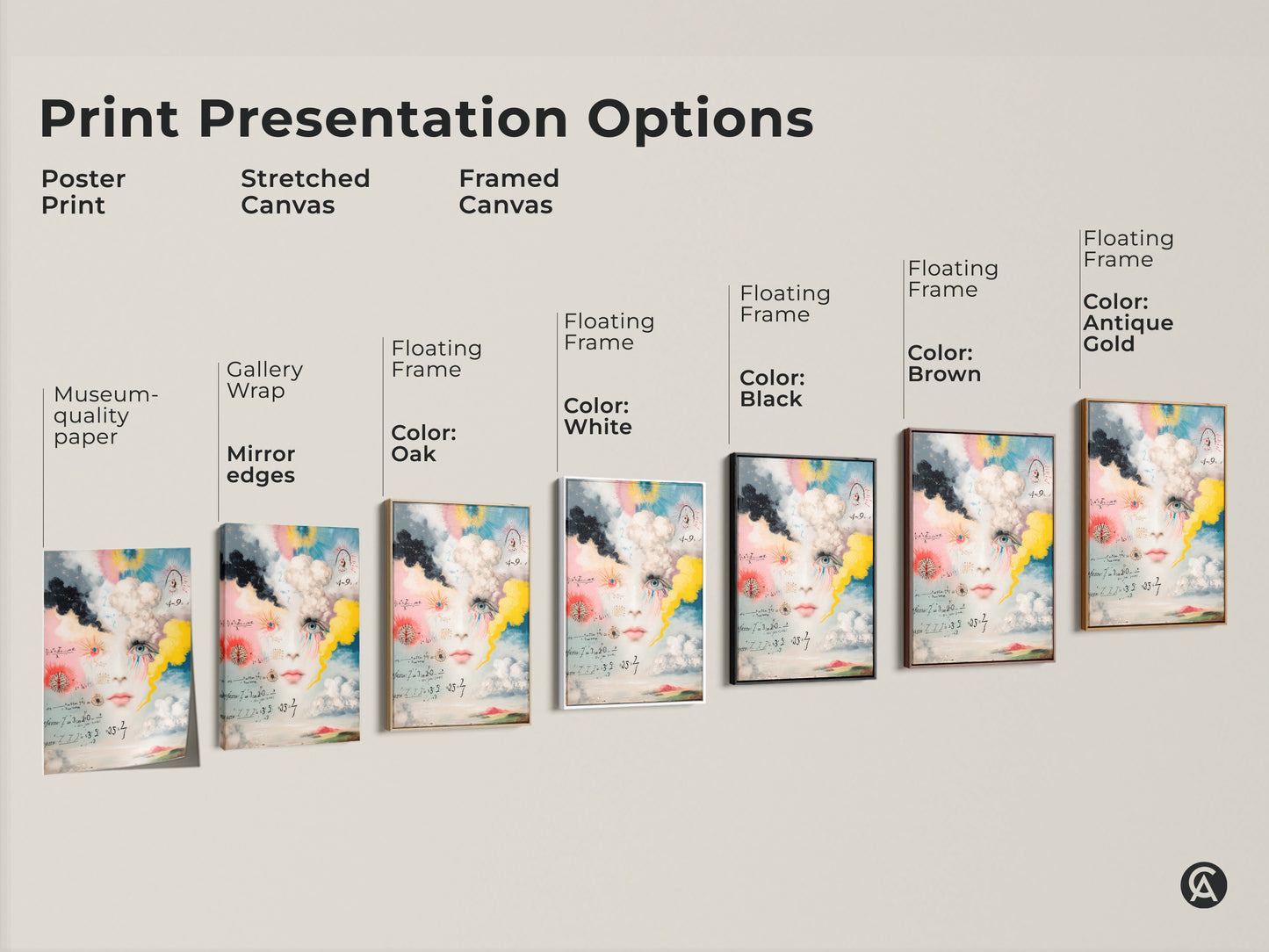 Print presentation options for surreal face art. Choose from poster prints stretched canvas and framed canvas. Available with mirror edges or floating frames in oak white black brown or antique gold.