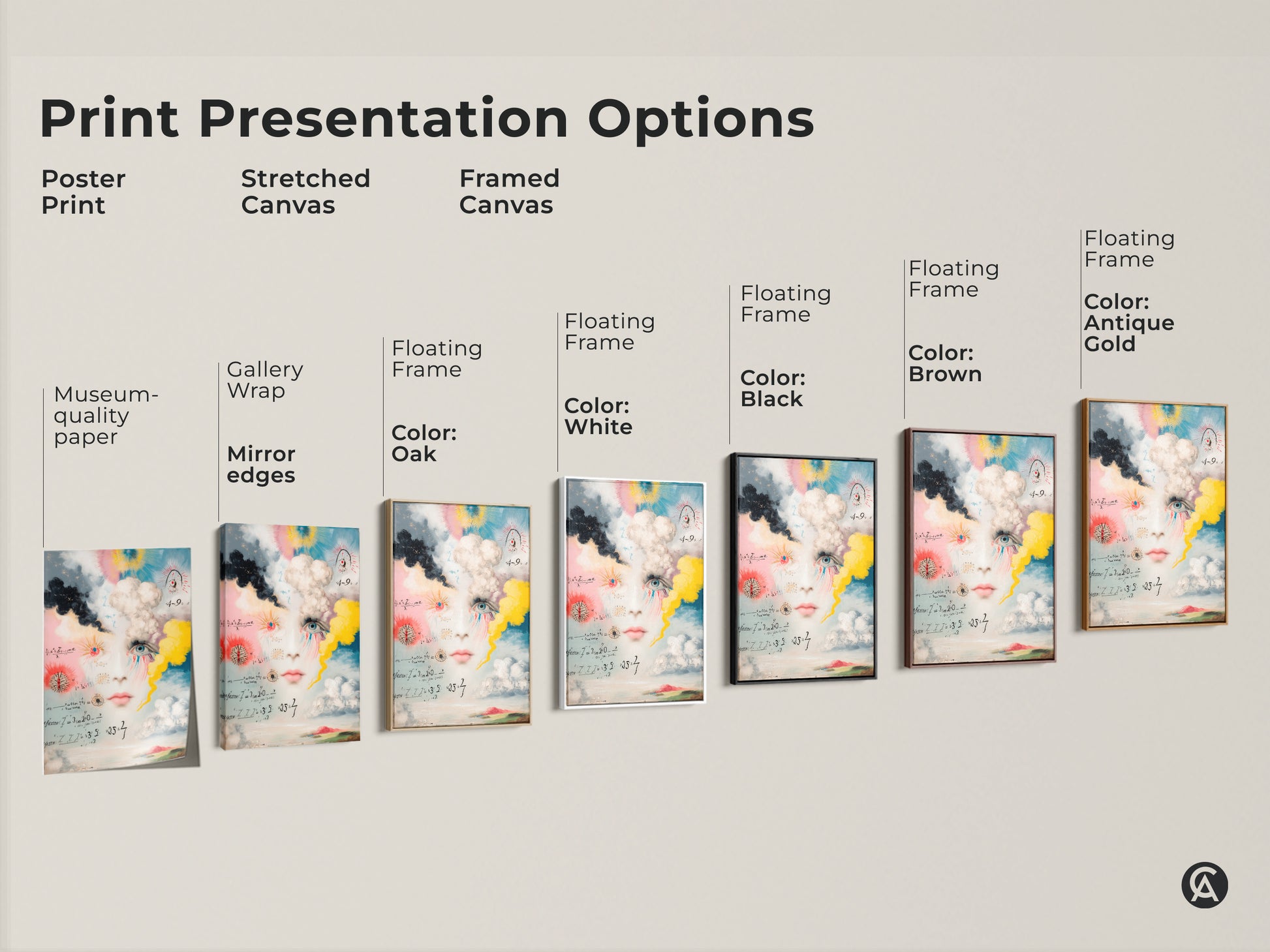 Print presentation options for surreal face art. Choose from poster prints stretched canvas and framed canvas. Available with mirror edges or floating frames in oak white black brown or antique gold.