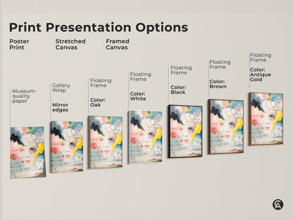 Print presentation options for surreal face art. Choose from poster prints stretched canvas and framed canvas. Available with mirror edges or floating frames in oak white black brown or antique gold.