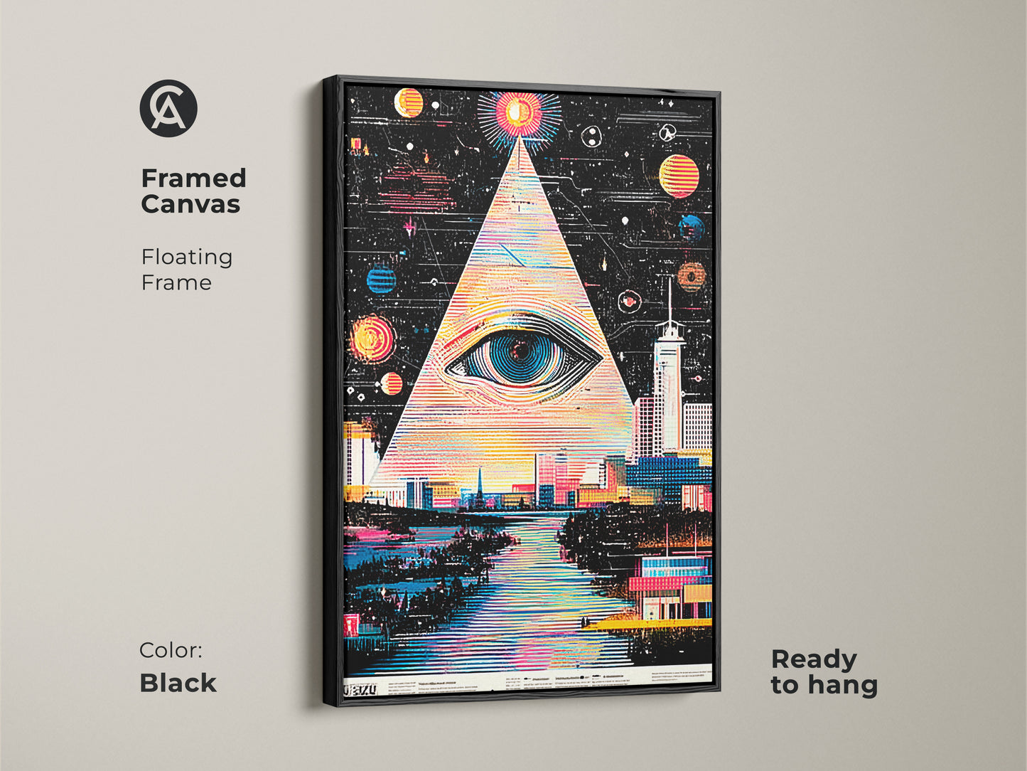 Framed canvas of surreal eye cityscape. Black floating frame enhances this abstract space pyramid art. Geometric city wall decor that's ready to hang. Perfect for modern and eclectic home styles. Shop now!