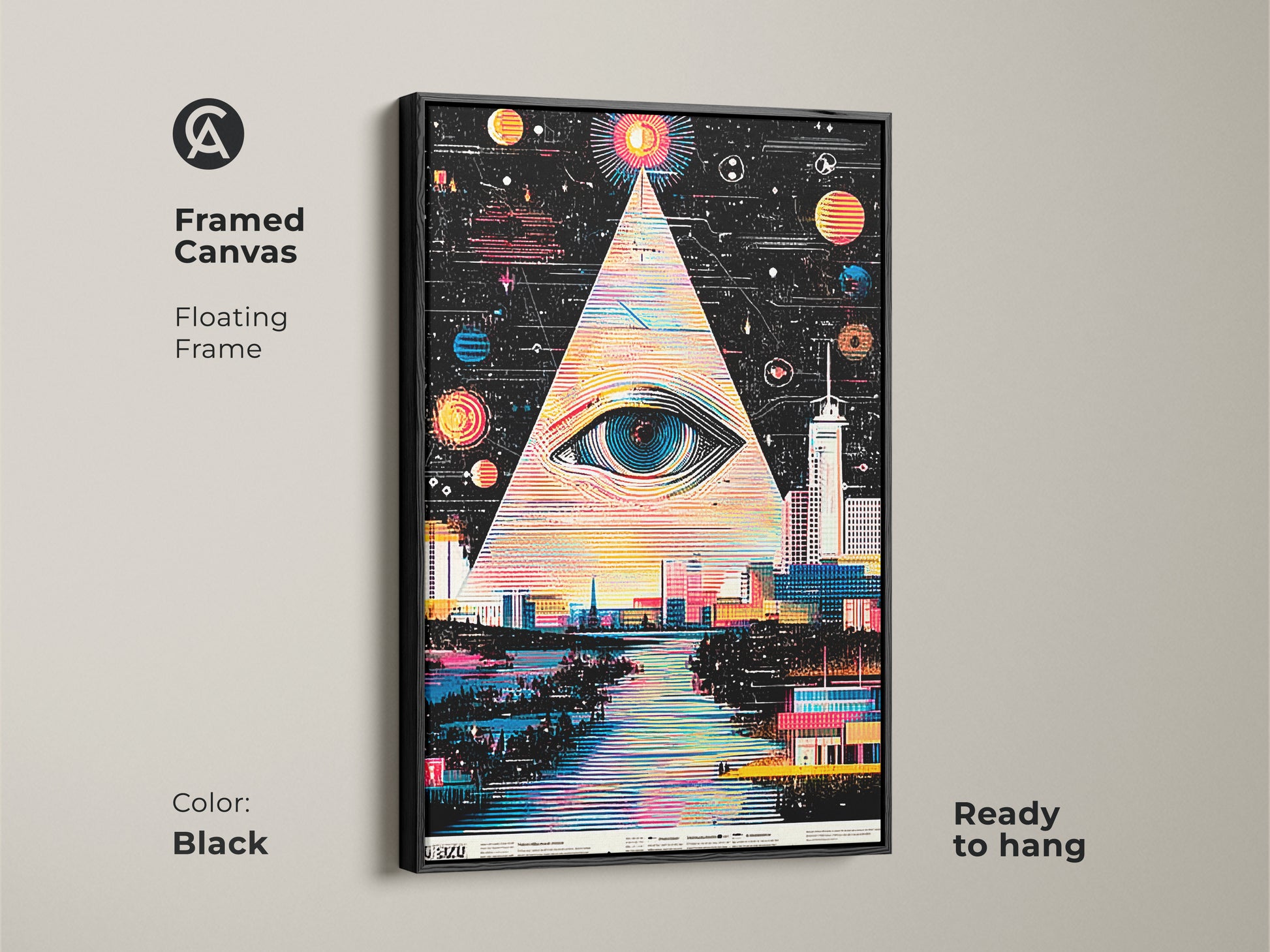 Framed canvas of surreal eye cityscape. Black floating frame enhances this abstract space pyramid art. Geometric city wall decor that's ready to hang. Perfect for modern and eclectic home styles. Shop now!