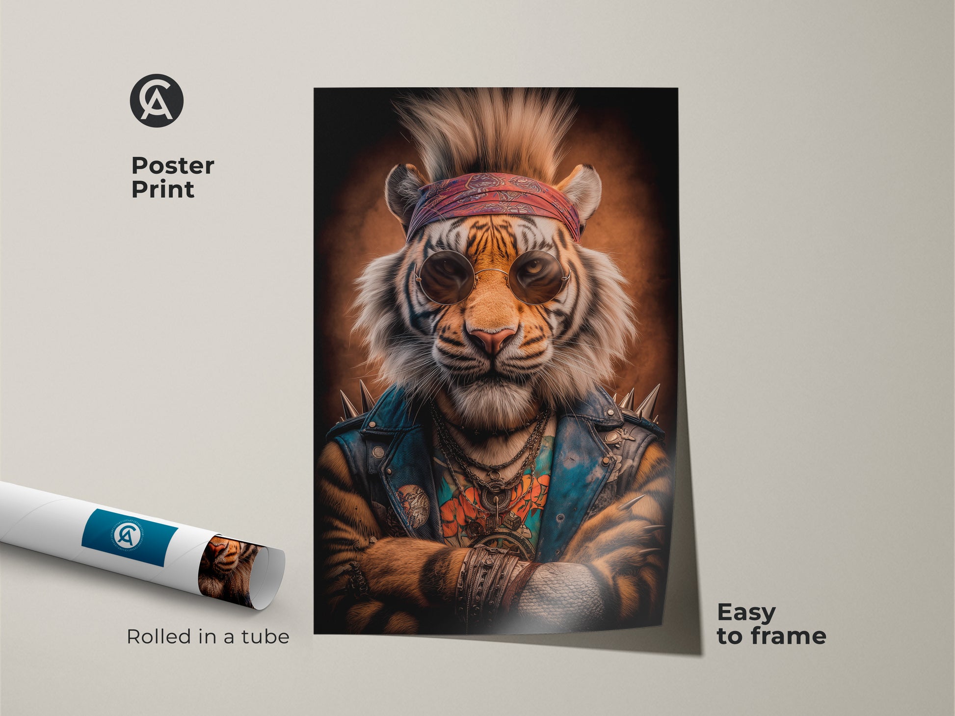Rockstar tiger poster print rolled in a tube ready to frame. The orange and blue urban style art adds a pop culture vibe. It is an ideal gift for rock music enthusiasts. The animal fantasy art print brings an eclectic touch to any home or man cave decor.