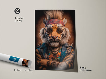 Rockstar tiger poster print rolled in a tube ready to frame. The orange and blue urban style art adds a pop culture vibe. It is an ideal gift for rock music enthusiasts. The animal fantasy art print brings an eclectic touch to any home or man cave decor.