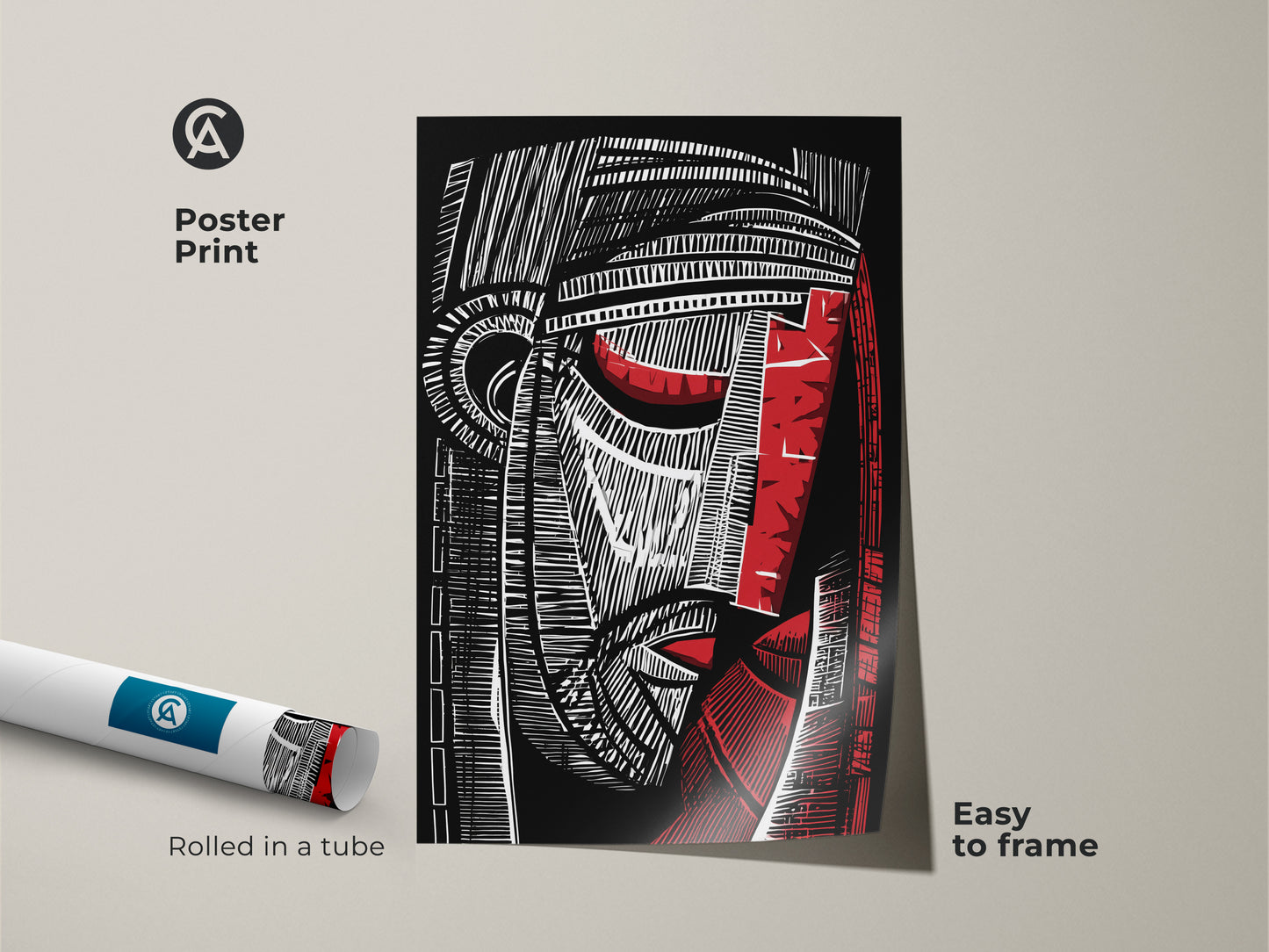 Poster print of a black red and white abstract face rolled in a tube. This cubist figurative artwork is easy to frame. This linocut style art is ideal for modern office decor or a study room. A striking art collector present.