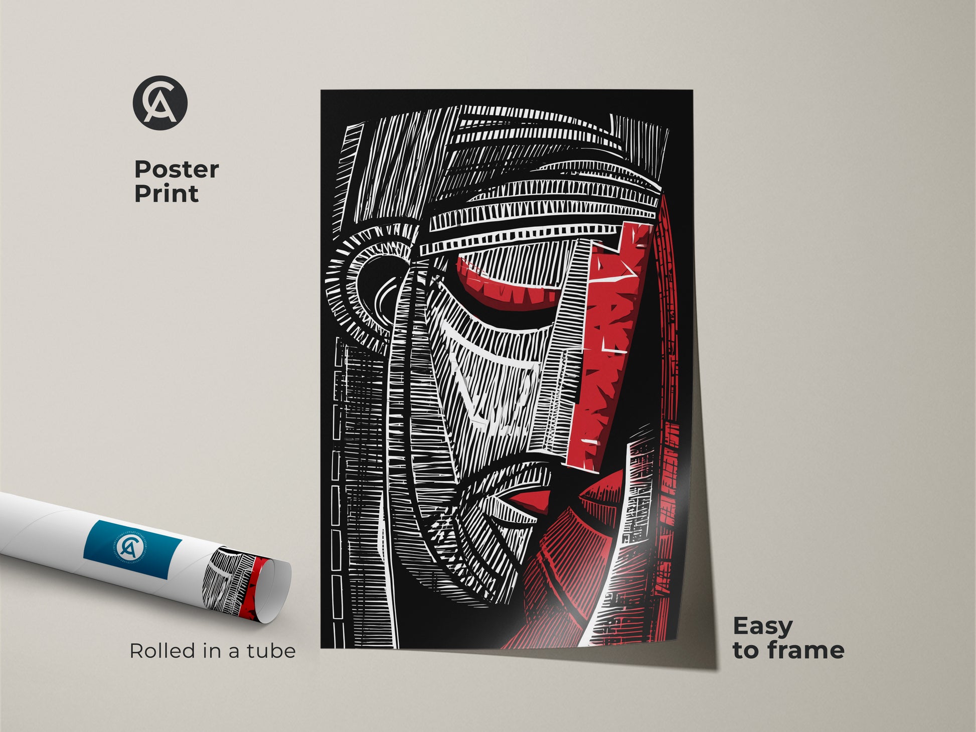 Poster print of a black red and white abstract face rolled in a tube. This cubist figurative artwork is easy to frame. This linocut style art is ideal for modern office decor or a study room. A striking art collector present.