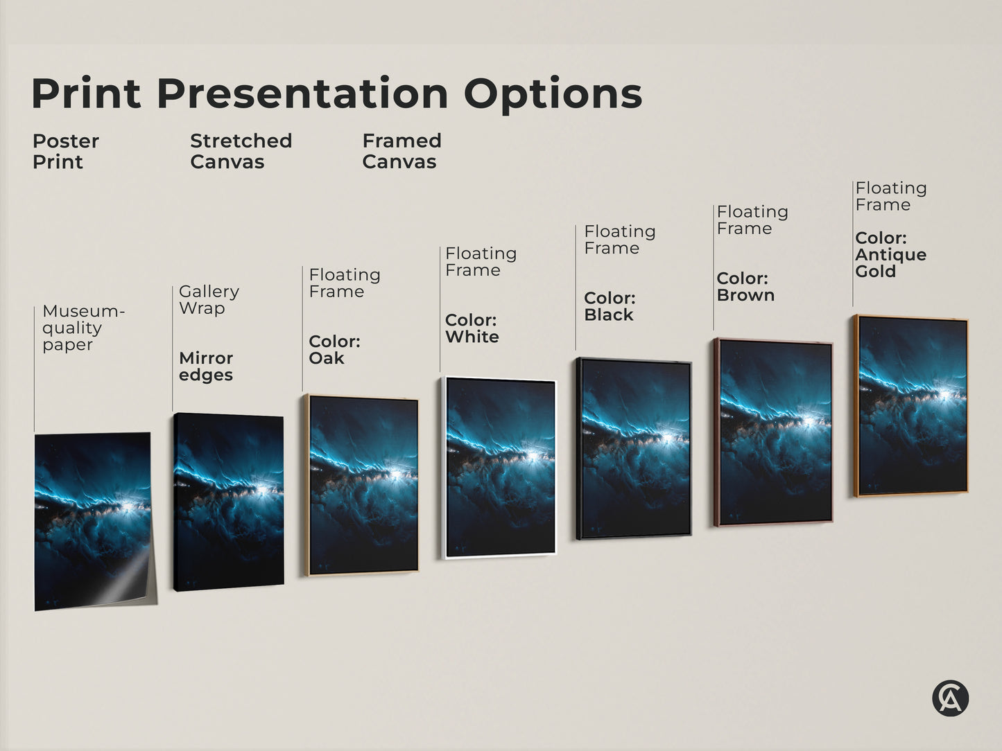 This image shows various print presentation options. There are poster prints. There are stretched canvases. There are framed canvases. The canvas frames come in white black oak brown and antique gold. Find the perfect art for your home