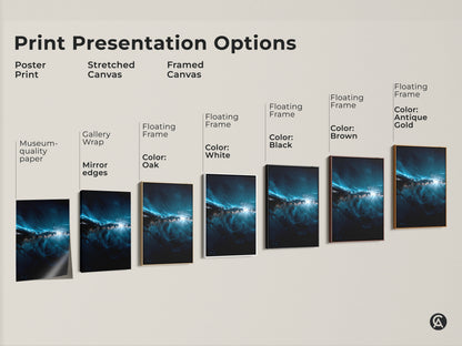 This image shows various print presentation options. There are poster prints. There are stretched canvases. There are framed canvases. The canvas frames come in white black oak brown and antique gold. Find the perfect art for your home
