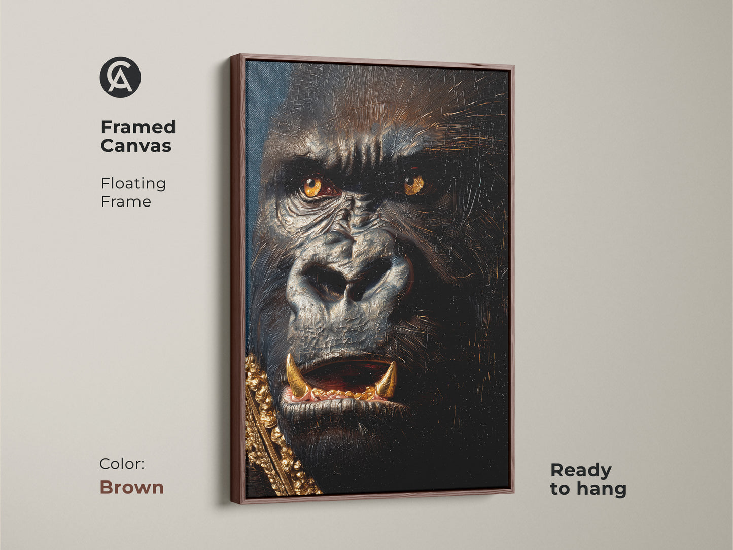 Framed canvas of a regal gorilla in a brown floating frame. The artwork brings warmth to any room. The brown frame complements the gorilla's golden eyes. This canvas is ready to hang. Elevate your home decor with this unique piece.