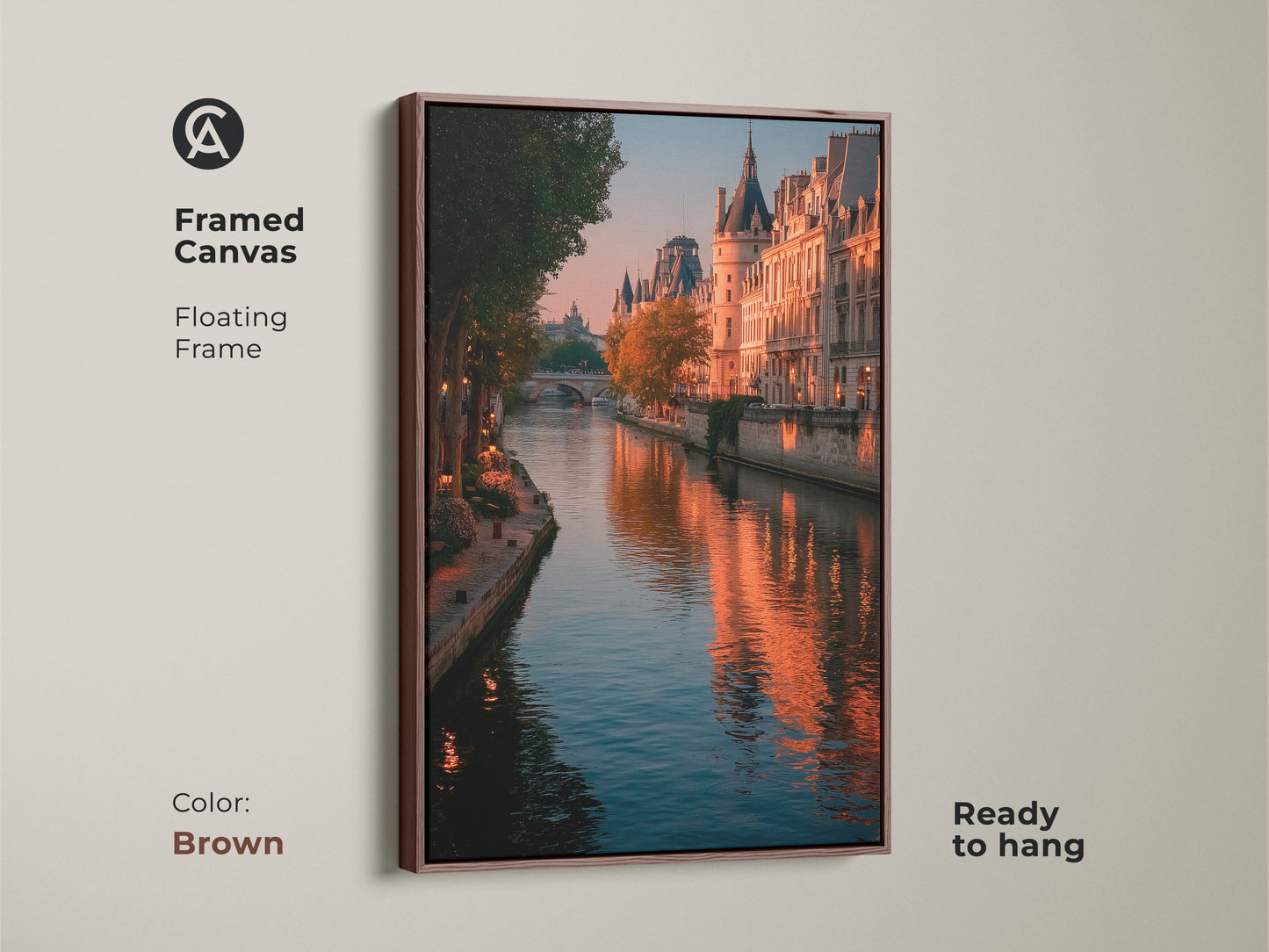 Framed canvas art showcasing a Parisian cityscape. The brown floating frame complements the Seine River photography. The golden hour illuminates Parisian buildings. Ready to hang this adds contemporary French decor. Perfect for Francophiles it enhances any room. Consider it for housewarming.