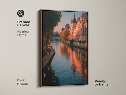 Framed canvas art showcasing a Parisian cityscape. The brown floating frame complements the Seine River photography. The golden hour illuminates Parisian buildings. Ready to hang this adds contemporary French decor. Perfect for Francophiles it enhances any room. Consider it for housewarming.