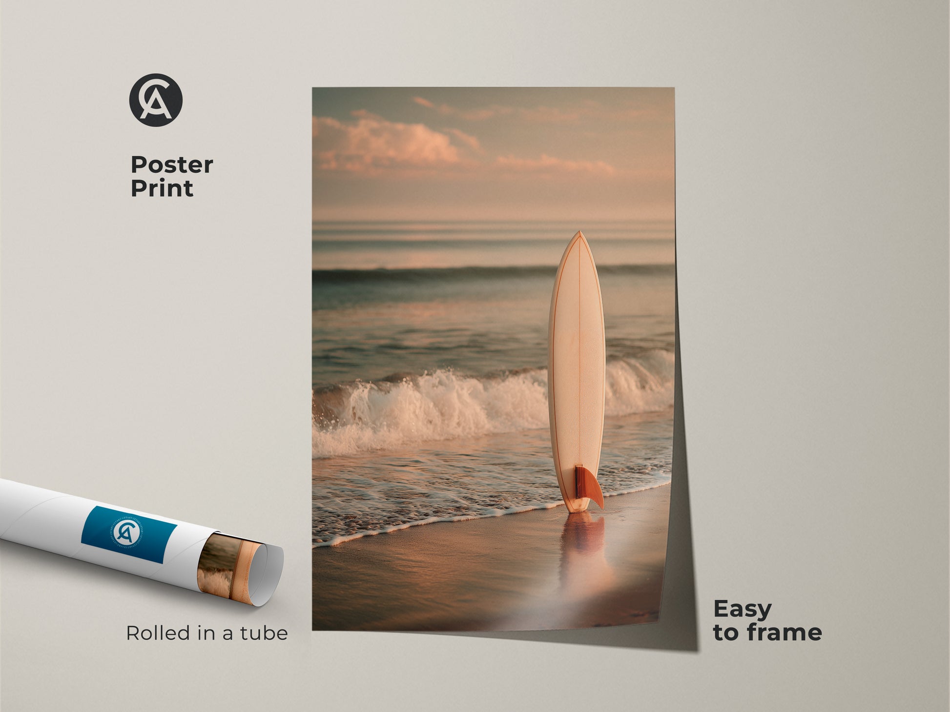 Poster print of a surfboard on a sandy shore. The artwork is easy to frame. It arrives rolled in a tube. This museum-quality paper enhances the coastal scene. This poster print adds a calming beach vibe to your decor.