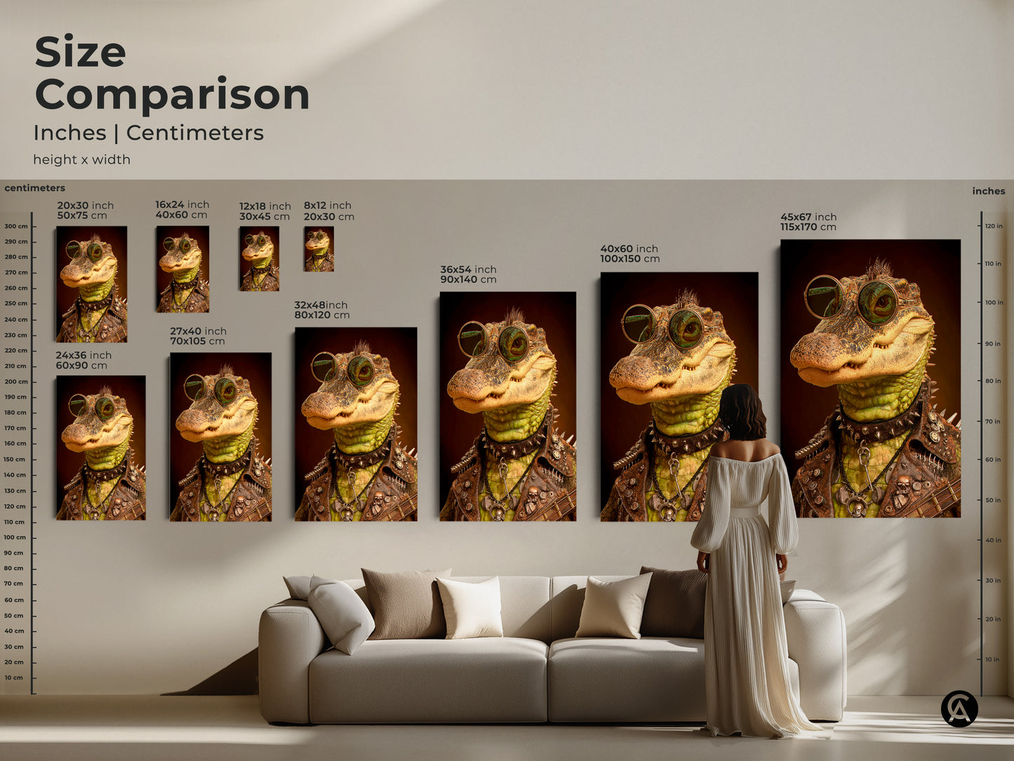 A model shows a rockstar alligator artwork hanging above a couch. This alternative art print is great alternative music decor. It shows the scale in a real room setting. It adds to any eclectic home art collection. Makes a music lover gift idea