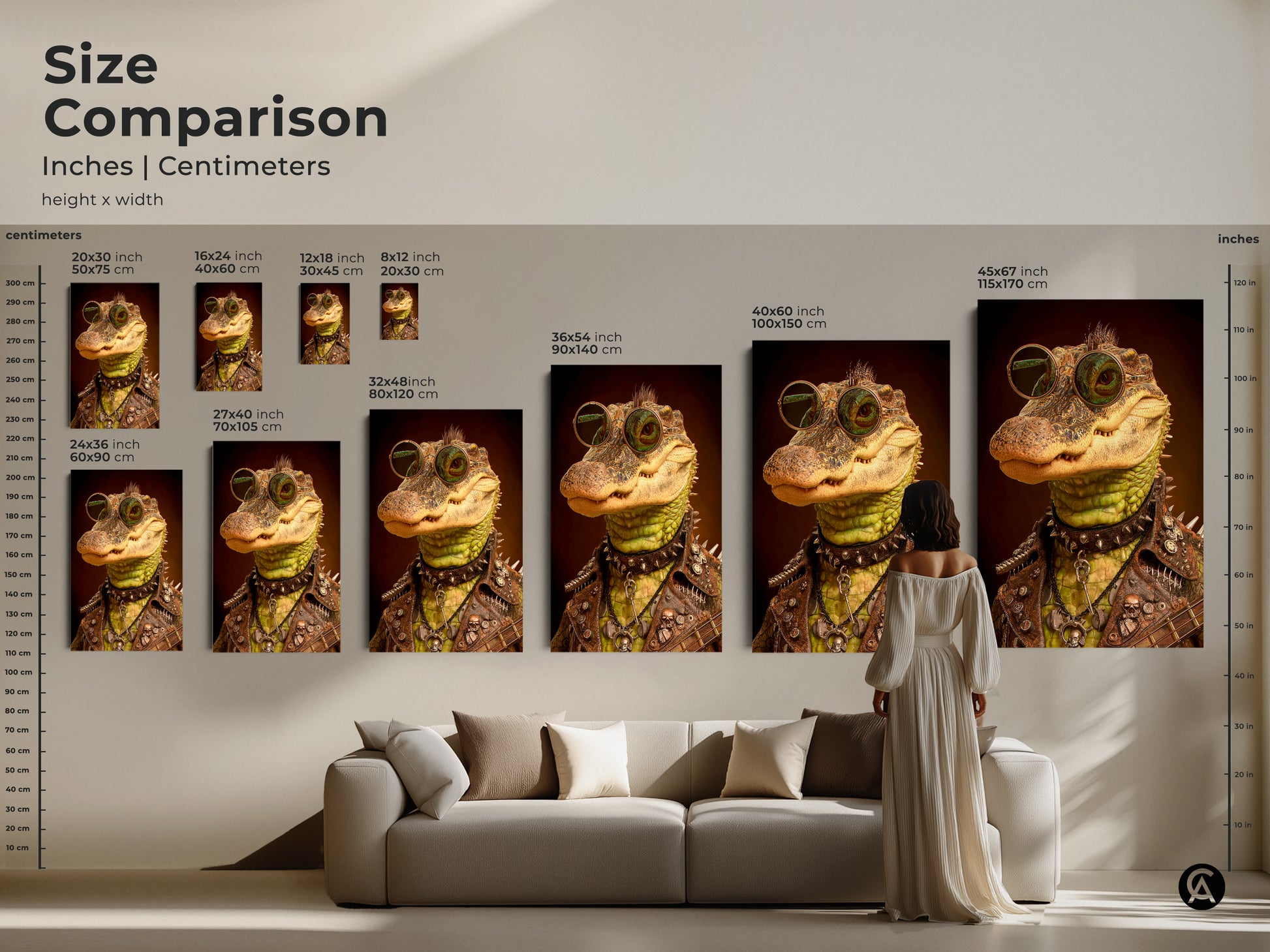 A model shows a rockstar alligator artwork hanging above a couch. This alternative art print is great alternative music decor. It shows the scale in a real room setting. It adds to any eclectic home art collection. Makes a music lover gift idea