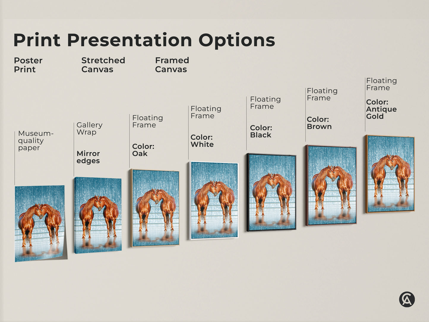 Explore print presentation options including a poster stretched canvas and framed canvas. The museum-quality paper and floating frames accentuate the brown horse artwork. This rustic equestrian decor adds a touch of elegance to any space. Perfect for animal lovers.