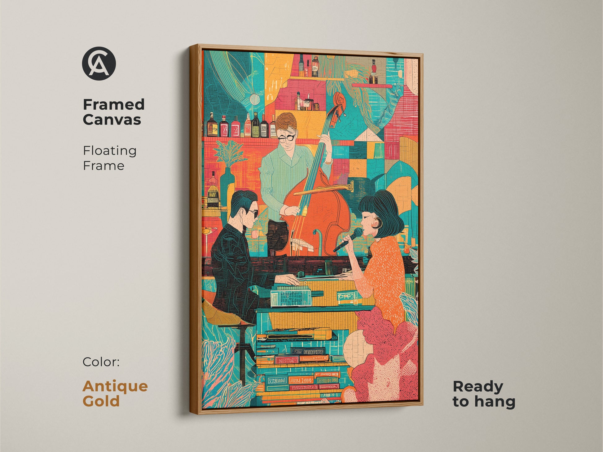 A framed canvas of a Mid-Century Modern Jazz Band in a floating antique gold frame. This retro singer and bassist artwork is ready to hang. The art adds an eclectic touch with its orange and teal colors. It is an ideal piece of home decor for music enthusiasts.