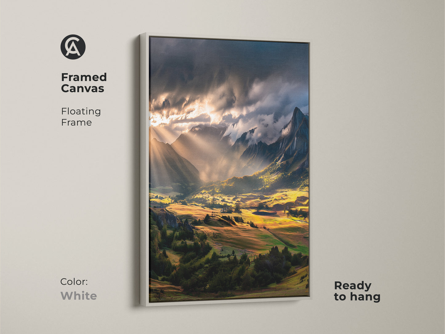 White framed canvas featuring a sunbeam mountain landscape. The floating frame complements the nature theme. This rustic bedroom art adds a peaceful touch. Ready to hang for easy decorating. Perfect for mountain lovers. Enjoy the golden hour canvas art.