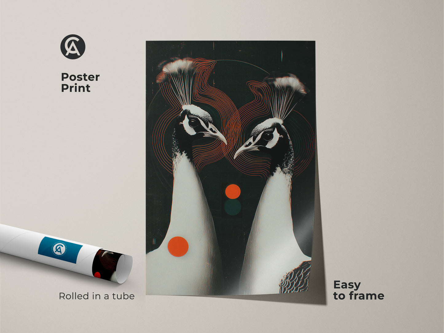 Poster print of an Abstract Peacock Couple. This geometric animal artwork is easy to frame. A contemporary art piece with black white and red accents. Enhance your home office or bedroom art.