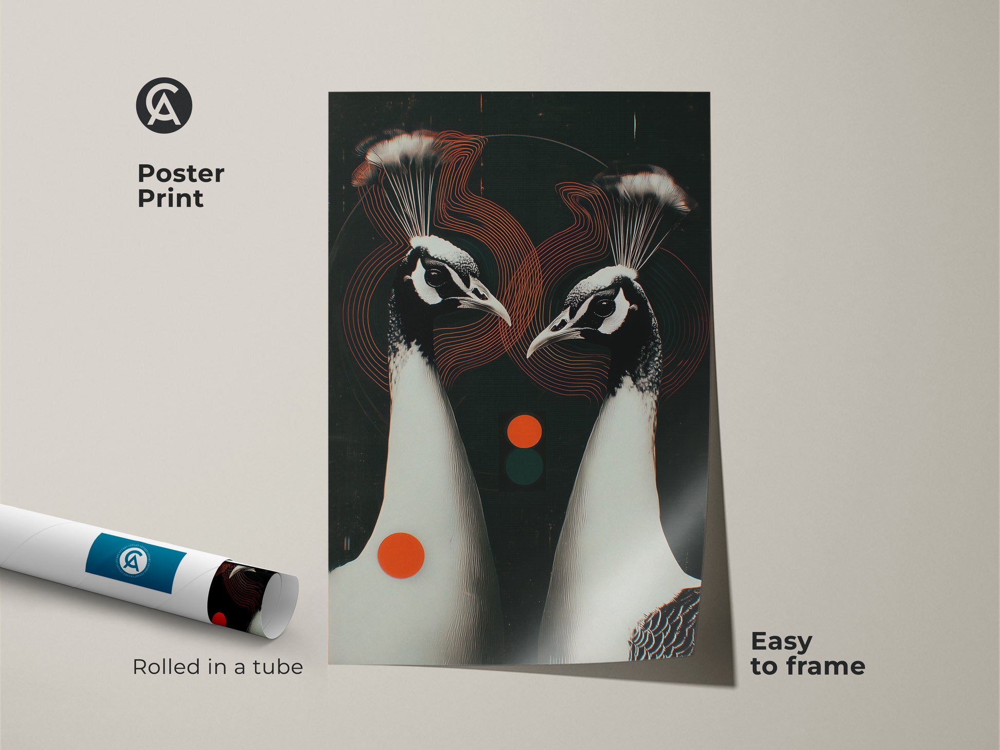 Poster print of an Abstract Peacock Couple. This geometric animal artwork is easy to frame. A contemporary art piece with black white and red accents. Enhance your home office or bedroom art.