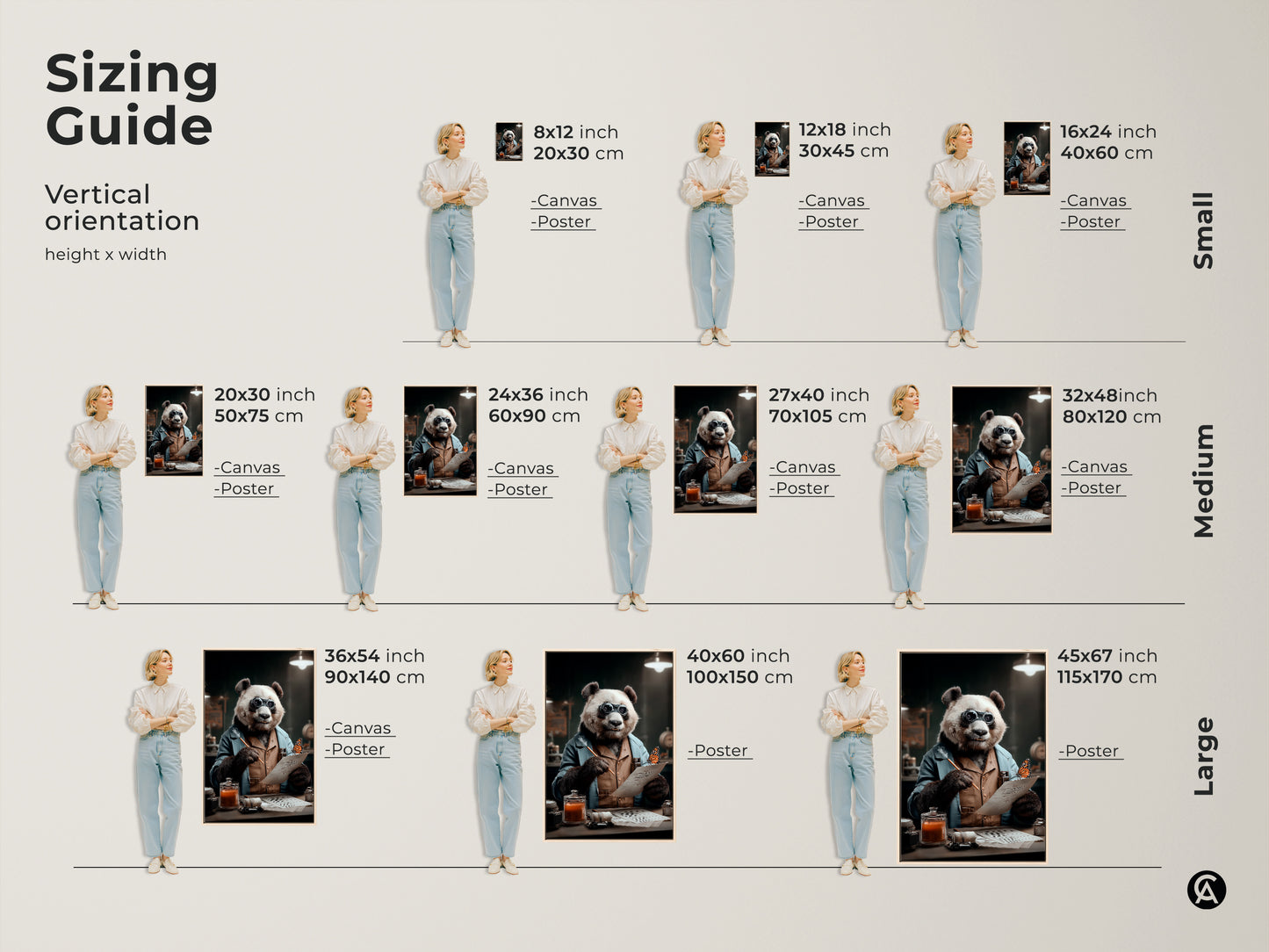 Sizing guide for vertical orientation prints. This shows the height x width options. See the animal artwork in small medium and large sizes. Panda scientist wall art is available as canvas or poster prints. Find your perfect size.