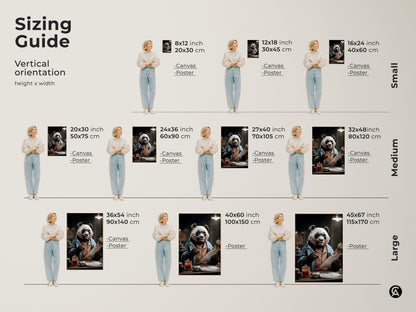 Sizing guide for vertical orientation prints. This shows the height x width options. See the animal artwork in small medium and large sizes. Panda scientist wall art is available as canvas or poster prints. Find your perfect size.