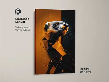 A stretched canvas featuring geometric ferret artwork in gold orange and black colors. Ready to hang with mirror edges it is ideal abstract animal print for geometric decor.
