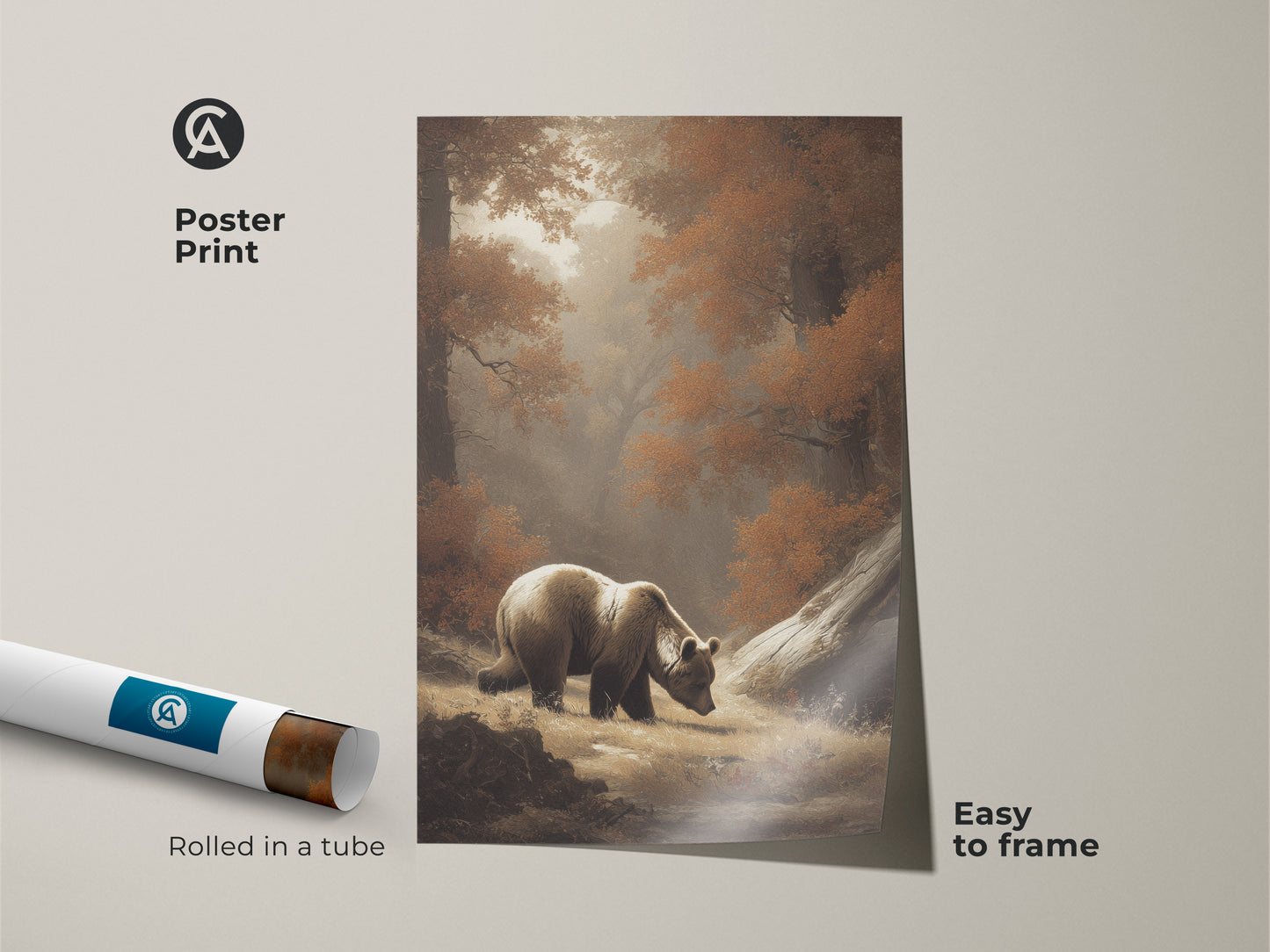 Autumn forest artwork poster print. Easy to frame sepia wildlife wall art. Rolled in a tube for safe shipping. The rustic bear art print is perfect for nature lovers. The woodland nature painting brings the outdoors in.