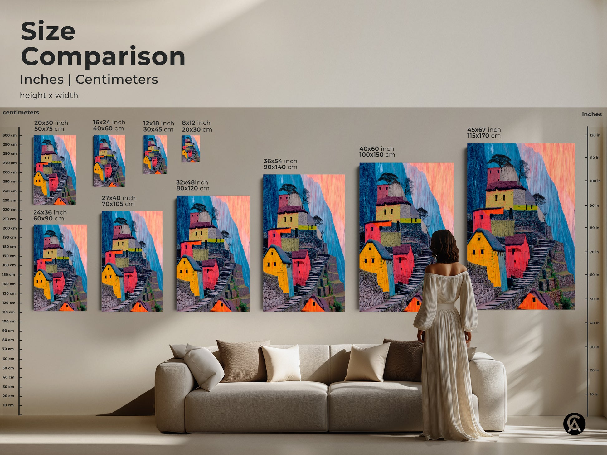 Compare sizes of abstract Machu Picchu art in inches and centimeters. Visualize how canvas and poster prints fit above a sofa. This colorful landscape depicts terraced hillsides in a unique boho style. A statement piece for travel inspired wall decor.