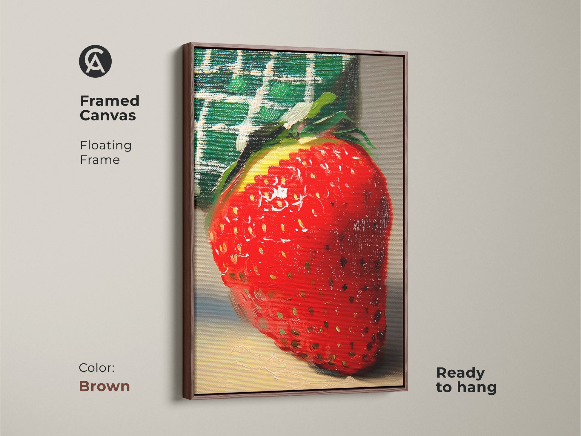 Framed canvas featuring a close-up of a red strawberry. The botanical style blends with kitchen decor. The yellow and green accents provide a foodie touch. This art is an impressionist style fruit piece. The floating frame is brown.