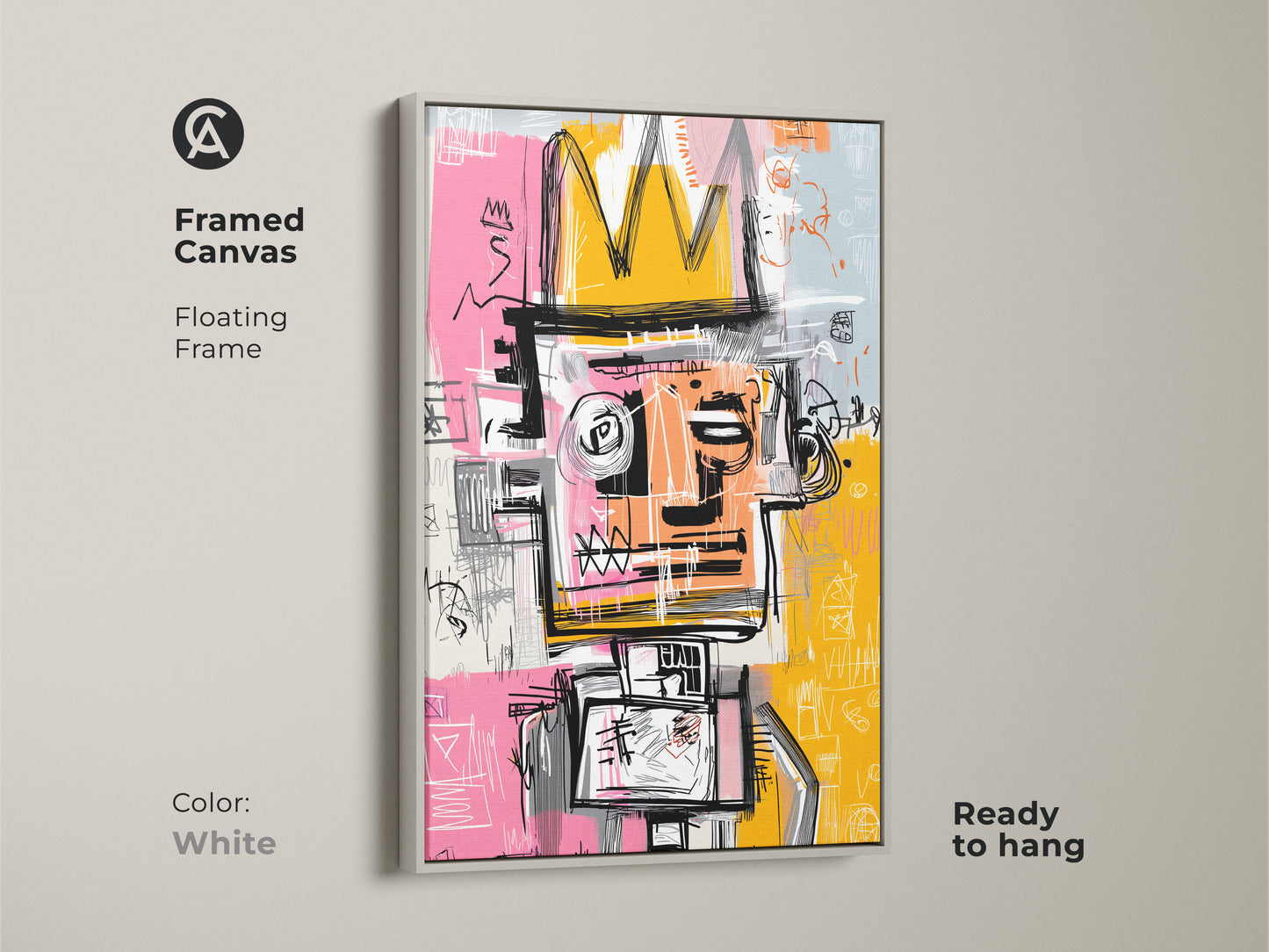 Framed Canvas of Graffiti-Style King Artwork in White Frame. Featuring a bold figure with a crown is displayed in a floating white frame. This Ready-to-hang artwork adds a clean touch to any room. Transform your space with this modern art piece.