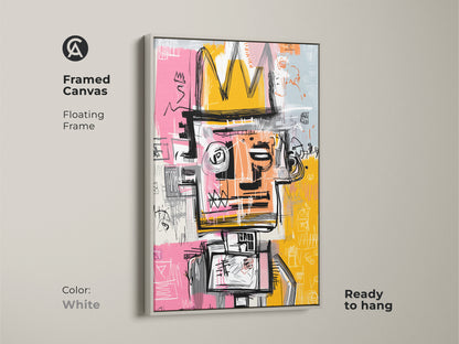 Framed Canvas of Graffiti-Style King Artwork in White Frame. Featuring a bold figure with a crown is displayed in a floating white frame. This Ready-to-hang artwork adds a clean touch to any room. Transform your space with this modern art piece.
