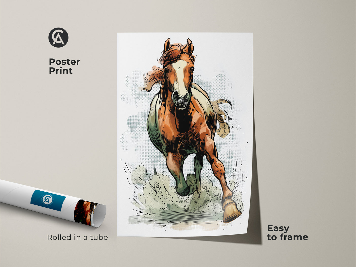 Poster Print shows a rustic horse art print. The equestrian wall decor features a running wildlife animal. This orange brown home artwork is easy to frame. The dynamic horse painting is rolled in a tube for protection. This wildlife horse artwork brings nature indoors. A perfect equestrian home gift.
