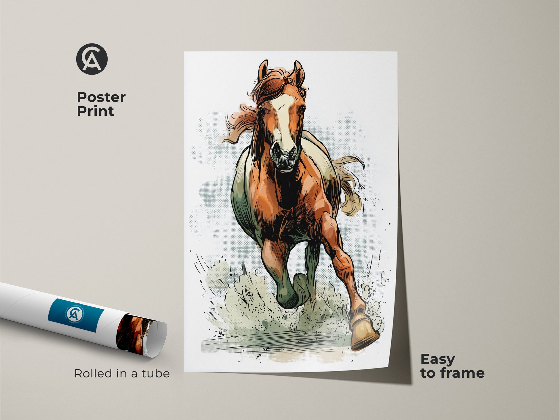 Poster Print shows a rustic horse art print. The equestrian wall decor features a running wildlife animal. This orange brown home artwork is easy to frame. The dynamic horse painting is rolled in a tube for protection. This wildlife horse artwork brings nature indoors. A perfect equestrian home gift.