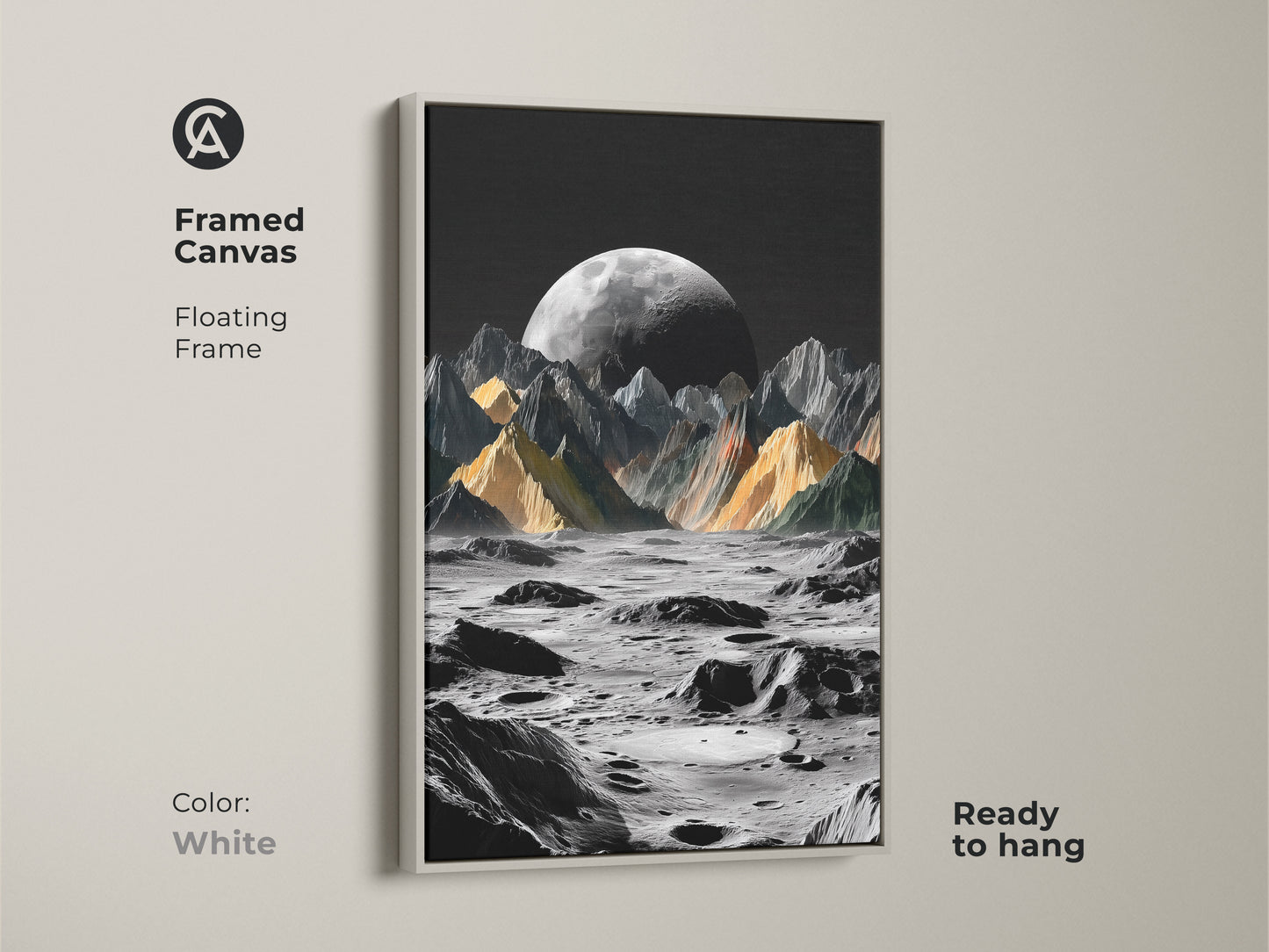 Framed canvas features floating frame in white. The surreal moon landscape art is ready to hang. It features cosmic mountains under a dark sky with a prominent moon. The black and yellow palette art makes a statement. A perfect piece of contemporary wall decor for study rooms and offices.