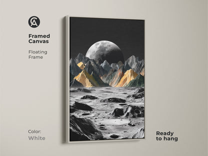 Framed canvas features floating frame in white. The surreal moon landscape art is ready to hang. It features cosmic mountains under a dark sky with a prominent moon. The black and yellow palette art makes a statement. A perfect piece of contemporary wall decor for study rooms and offices.