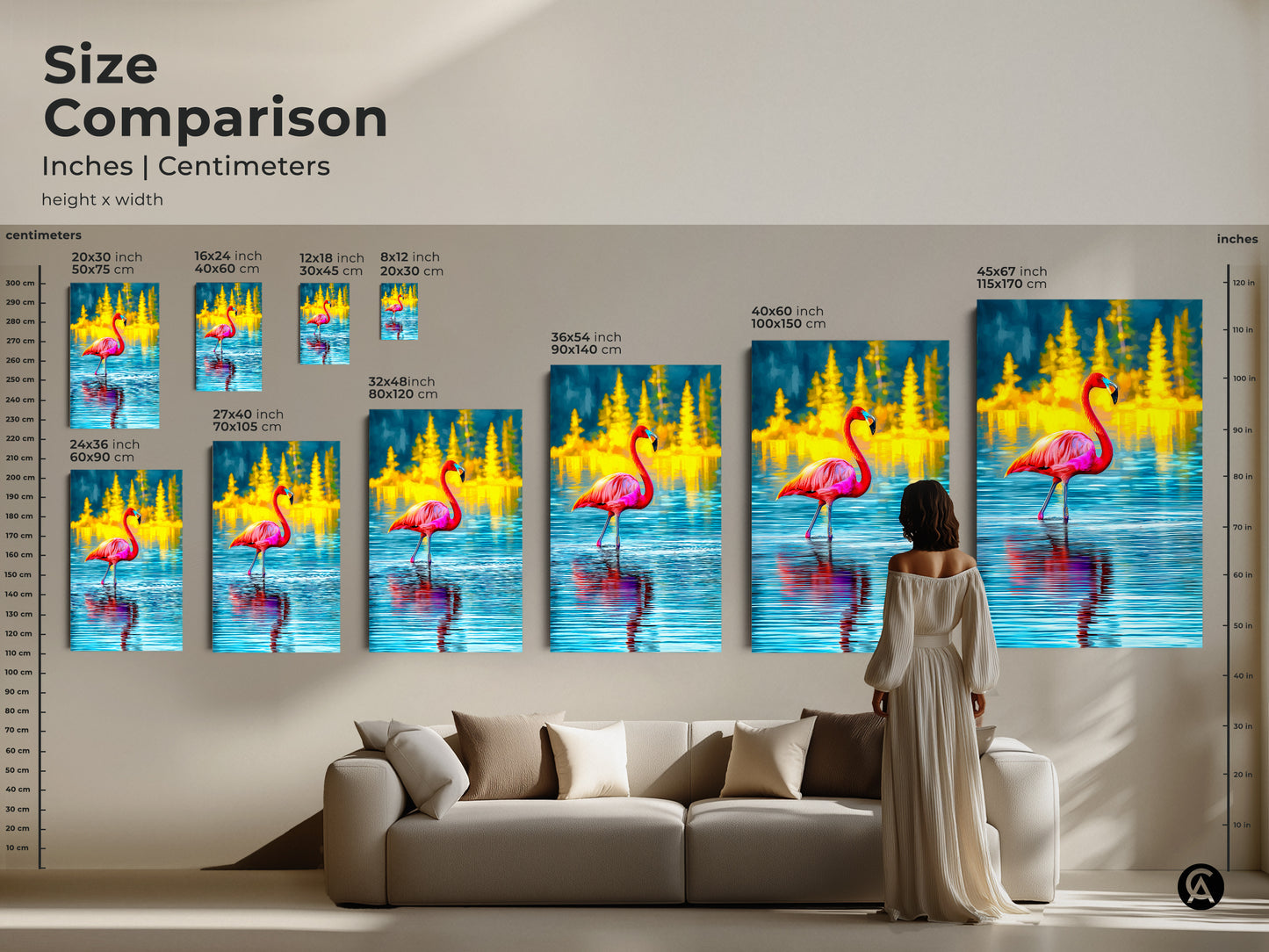 Size comparison of tropical flamingo art prints. See how the canvas looks in different sizes. Available in inches and centimeters. The artwork features a pink flamingo in blue water with yellow pine trees. Choose the perfect size for your living room.