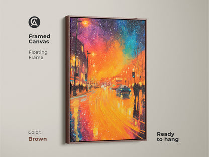 Elevate your space with this framed canvas art. The floating frame in brown adds a touch of warmth. The artwork features a vibrant city street at night. It has colorful lights reflecting on the wet pavement. Ready to hang and transform your home. Shop now for framed canvas art.
