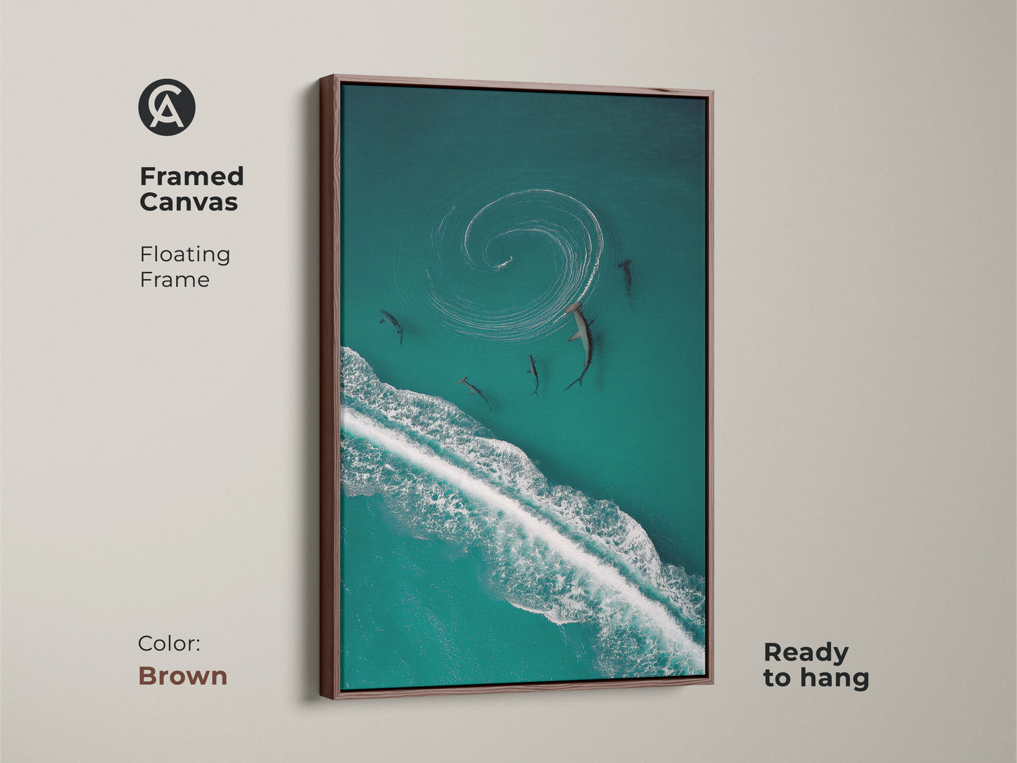 Enhance your home with this framed ocean wave canvas art. Showcasing sharks in turquoise waters this wildlife print adds coastal flair. Ready to hang and admire this unique artwork features a brown frame. A perfect piece for beach house decor.