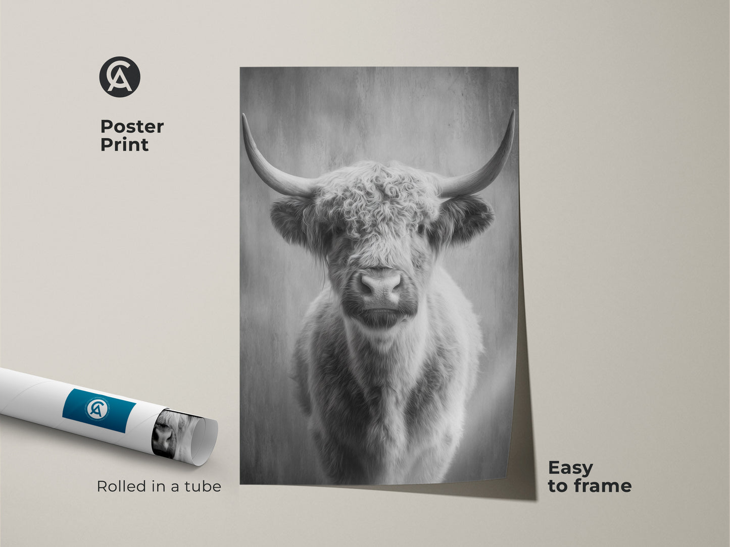 Poster print of a monochrome highland cow. The photorealistic cow art is rolled in a tube and is easy to frame. This rustic farmhouse decor brings Scottish cattle into your home. Ideal country home art.