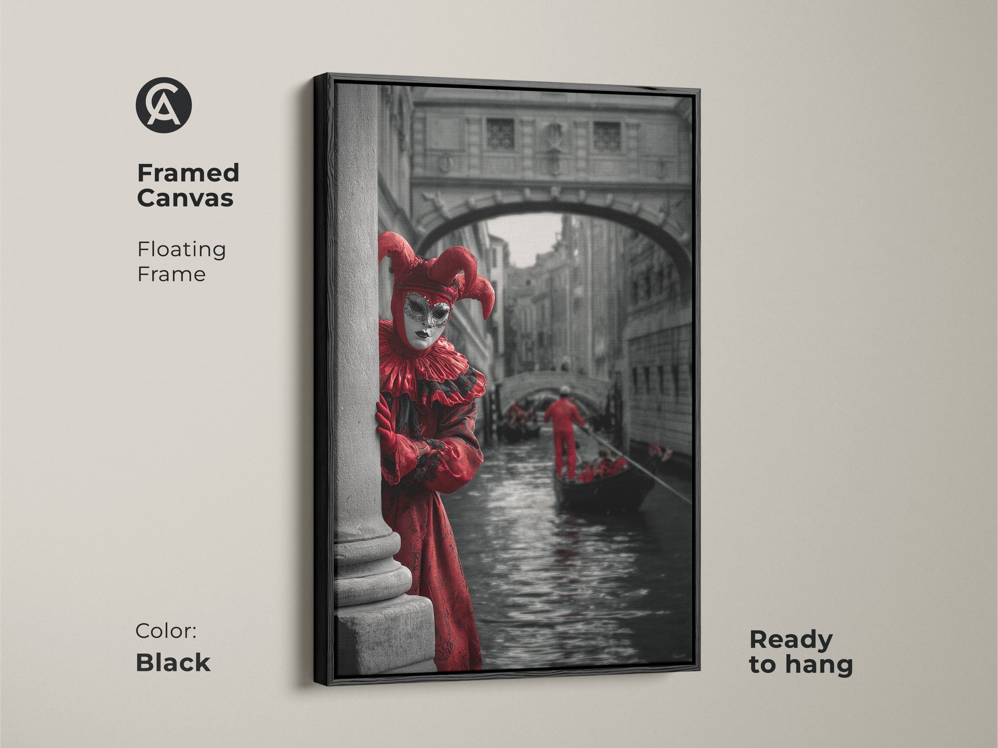 Framed in black this Venice Carnival canvas print highlights a Red jester costume art. It is theatrical wall art. The Gondola canal art in Venice is ready to hang. This masquerade ball artwork features a floating frame. Add eclectic home decor.