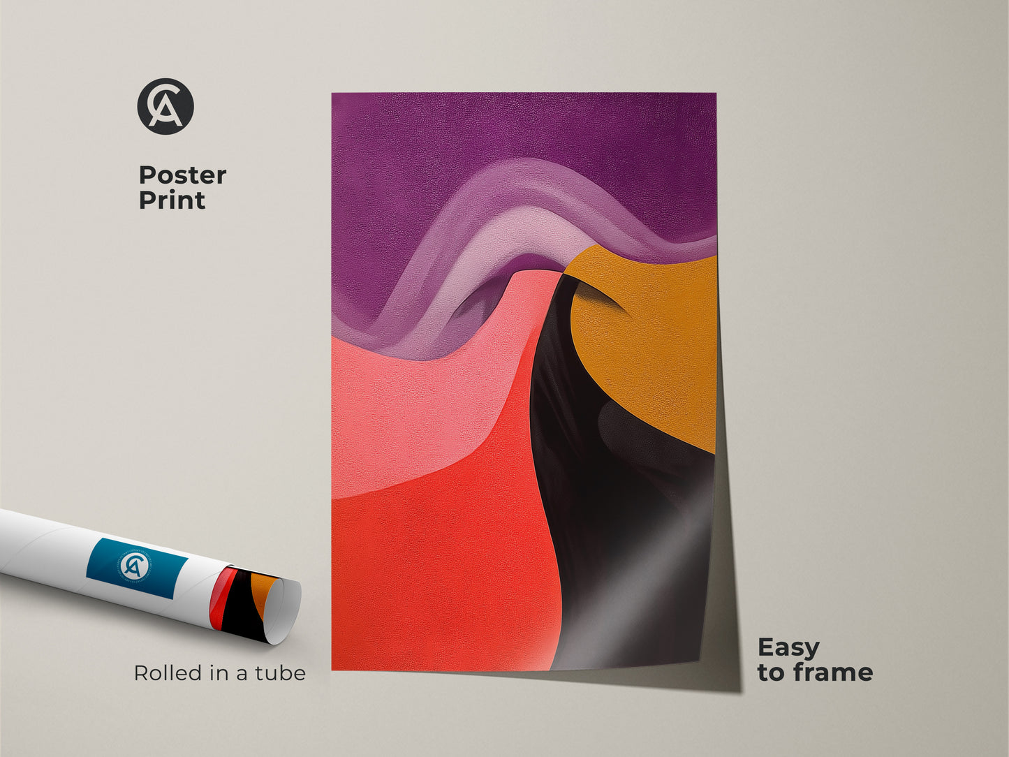 A rolled poster print of abstract geometric wall art. The organic forms art features purple pink red and gold swirls. This colorful abstract print is easy to frame for office or home.