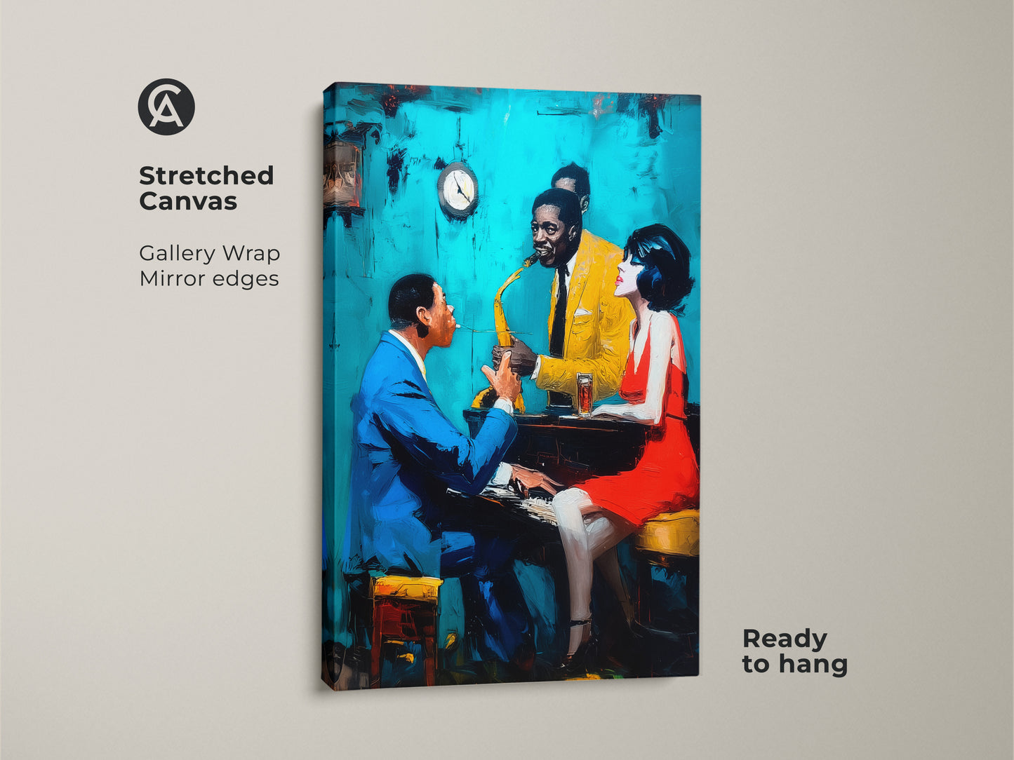 This is a stretched canvas art print. The artwork features a live jazz performance. A pianist a saxophonist and a woman create a vibrant scene. The gallery wrap and mirror edges add a professional touch. It is ready to hang and enjoy.